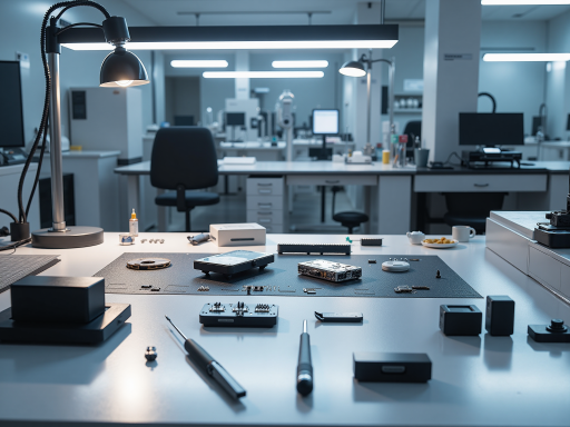 现代科技办公室内部，多个工程师在工作台前专注工作，周围摆放着各种电子设备和测试仪器，明亮自然光