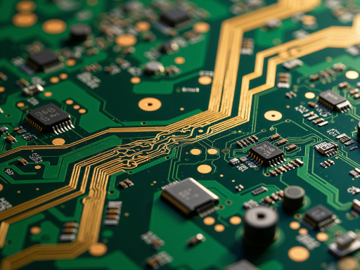 高精度印刷电路板特写，铜质线路清晰可见，绿色基板表面光滑，专业工业拍摄