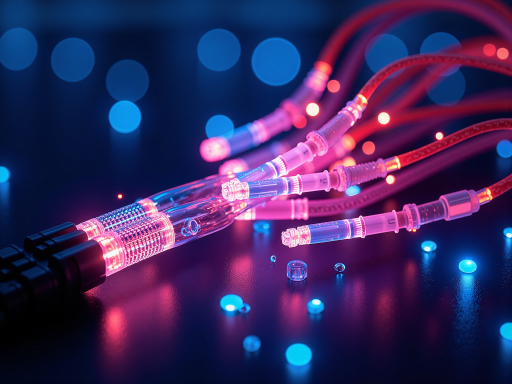 光纤收发模块正面特写，多个光纤接口整齐排列，金属外壳质感，专业实验室环境